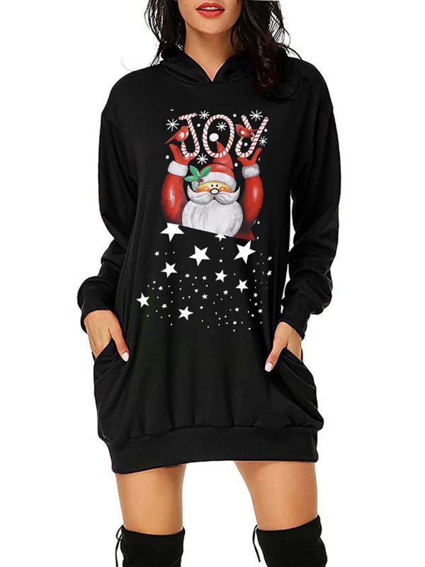 Women's Santa Print Mid Length Hooded Sweater Christmas Dress