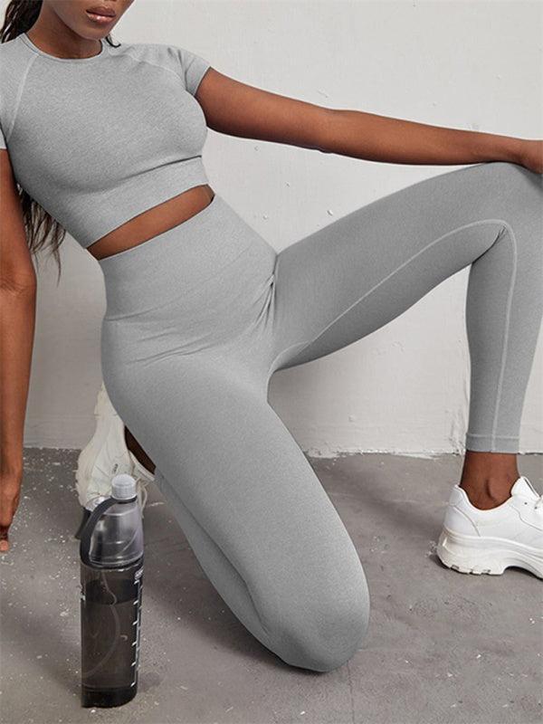 Women's Seamless Exercise Short Sleeve Crop Top and Leggings Set