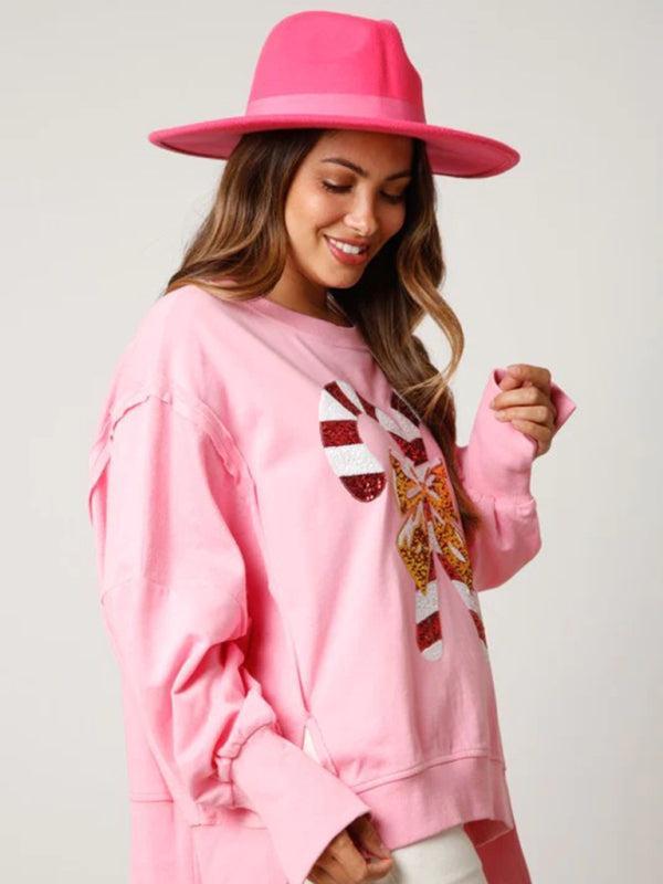 Women's Sequined Candy Cane Oversized Christmas Jumper