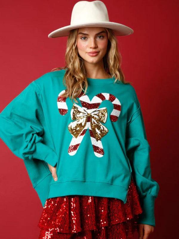 Women's Sequined Candy Cane Oversized Christmas Jumper