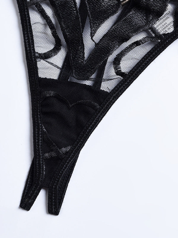 Women’s black three-piece heart embroidered lace mesh lingerie set – romantic and sexy

