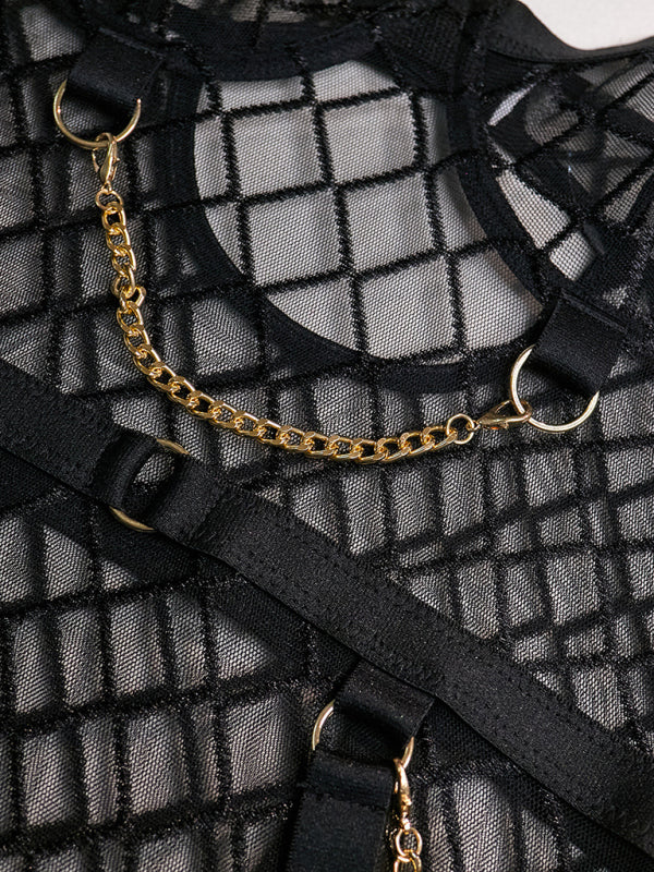 Women's Sexy Diamond Design Lingerie Bodysuit With Chain Detailing