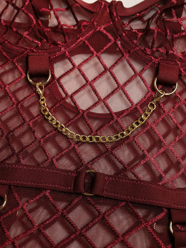 Women's Sexy Diamond Design Lingerie Bodysuit With Chain Detailing