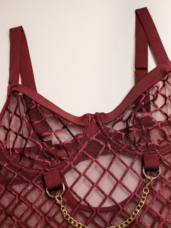 Women's Sexy Diamond Design Lingerie Bodysuit With Chain Detailing