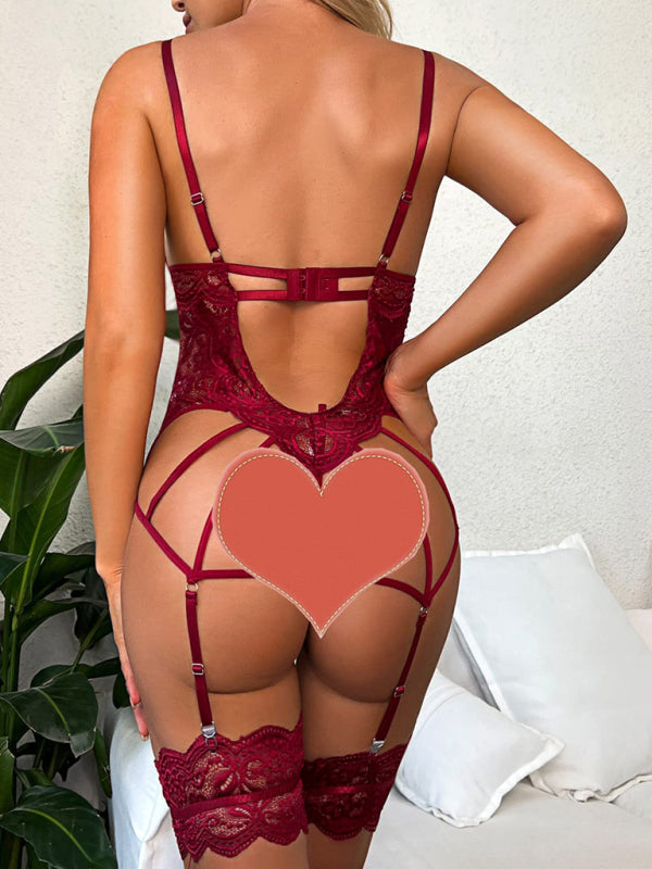 Women’s sexy lace bodysuit lingerie set with matching thong and suspenders – sultry and elegant
