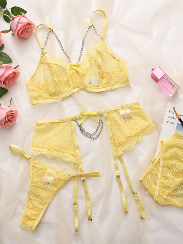 Women's Sexy Mesh Lace Three Piece Valentines Lingerie Set With Chain Detailing