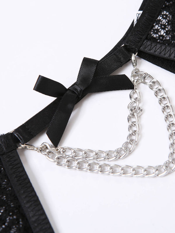 Women's Sexy Mesh Lace Three Piece Valentines Lingerie Set With Chain Detailing
