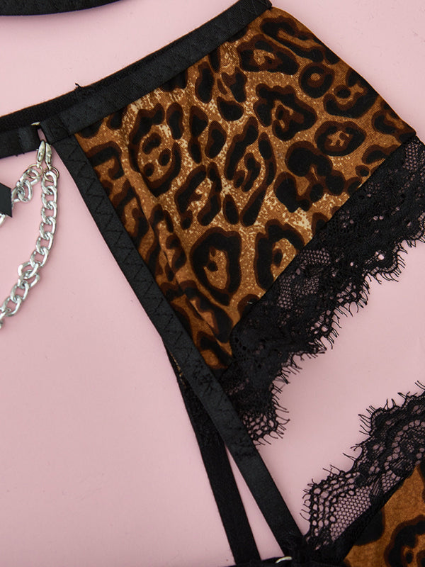 Women's Sexy Mesh Lace Three Piece Valentines Lingerie Set With Chain Detailing