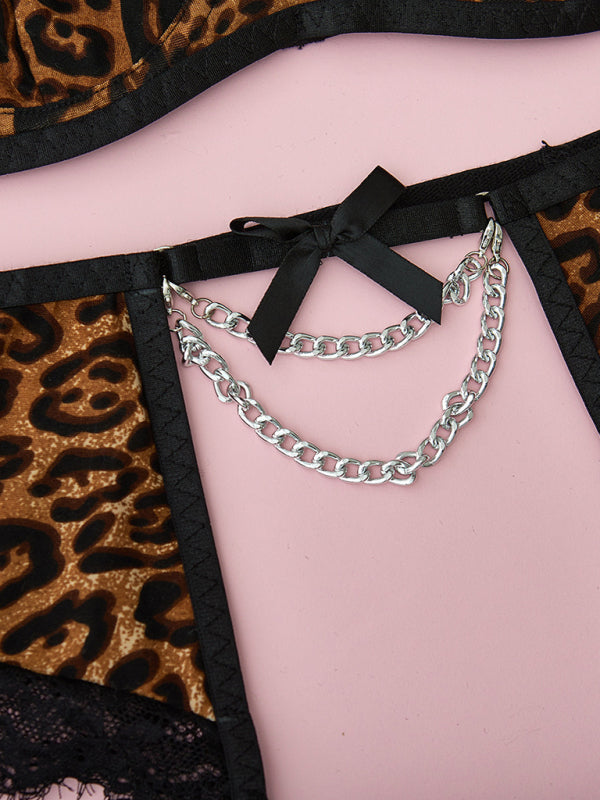 Women's Sexy Mesh Lace Three Piece Valentines Lingerie Set With Chain Detailing
