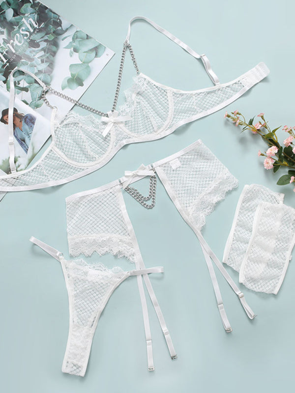 Women's Sexy Mesh Lace Three Piece Valentines Lingerie Set With Chain Detailing