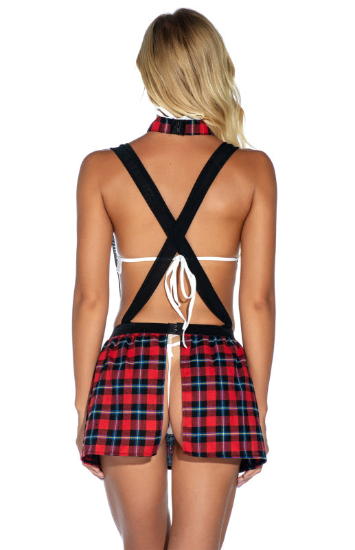 Women's Sexy Plaid Babydoll Skirt With Matching Bra Thong And Neck Tie
