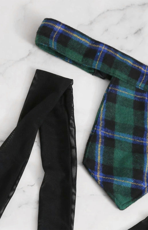 Women's Sexy Plaid Babydoll Skirt With Matching Bra Thong And Neck Tie