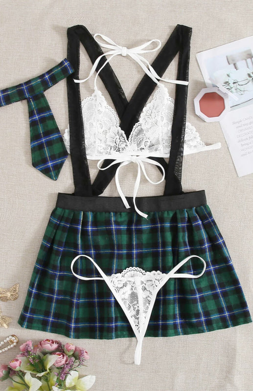 Women's Sexy Plaid Babydoll Skirt With Matching Bra Thong And Neck Tie
