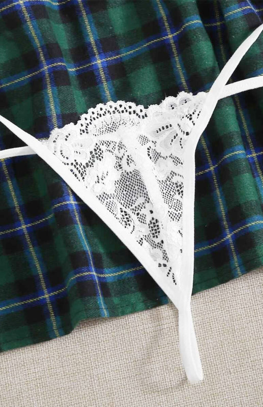 Women's Sexy Plaid Babydoll Skirt With Matching Bra Thong And Neck Tie