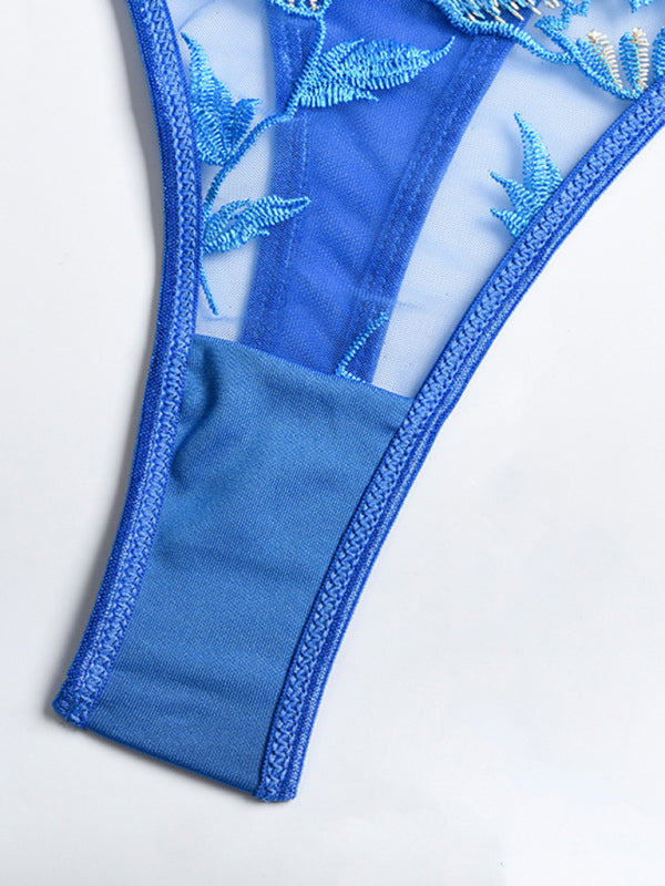 Women’s sexy sheer blue floral lace lingerie set with matching garter belt – romantic and bold