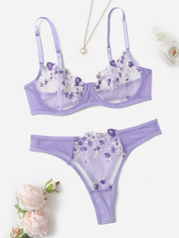 Women’s see-through floral bra and thong lingerie set – sheer and romantic
