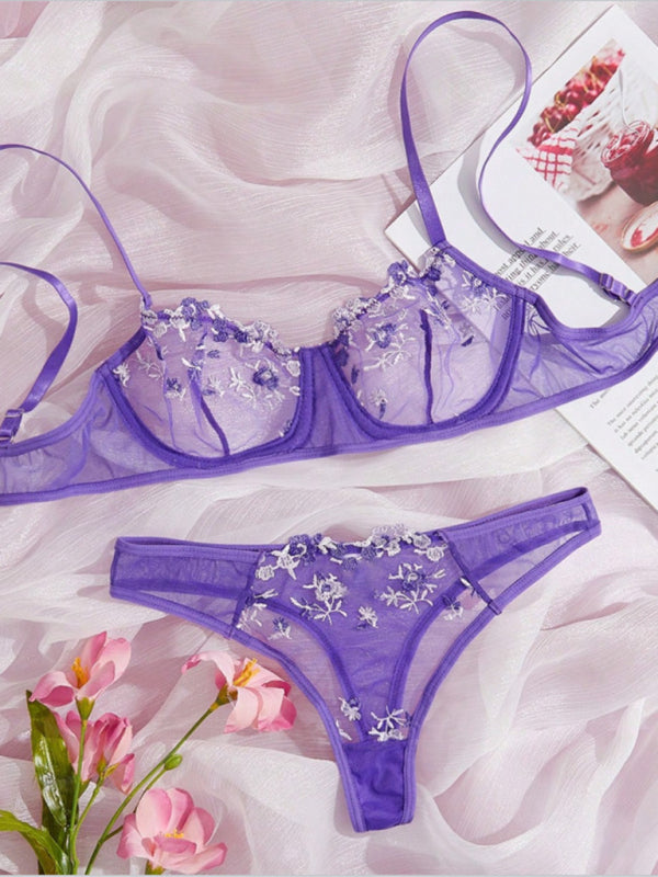 Women’s see-through floral bra and thong lingerie set – sheer and romantic