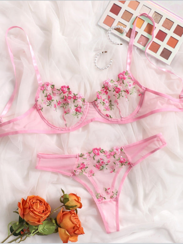 Women’s see-through floral bra and thong lingerie set – sheer and romantic