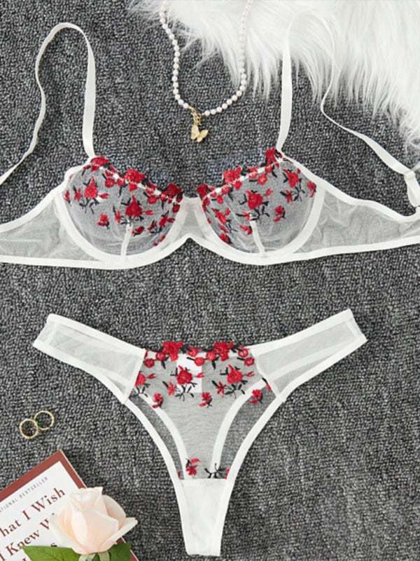 Women’s see-through floral bra and thong lingerie set – sheer and romantic