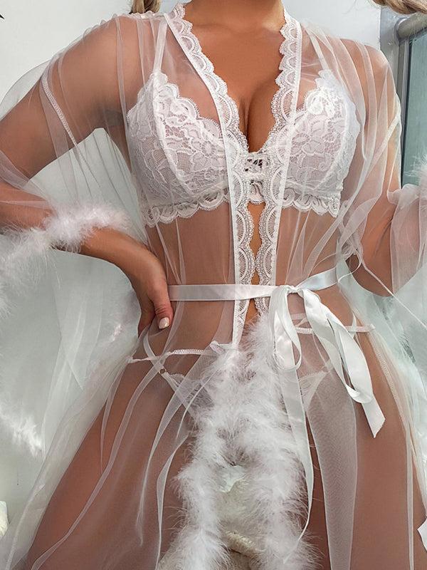 Women's Sexy See Through Mesh Feather Trim Lingerie Gown