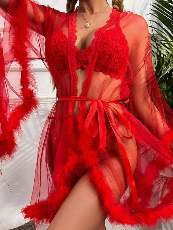 Women's Sexy See Through Mesh Feather Trim Lingerie Gown
