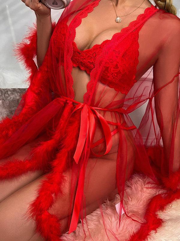 Women's Sexy See Through Mesh Feather Trim Lingerie Gown