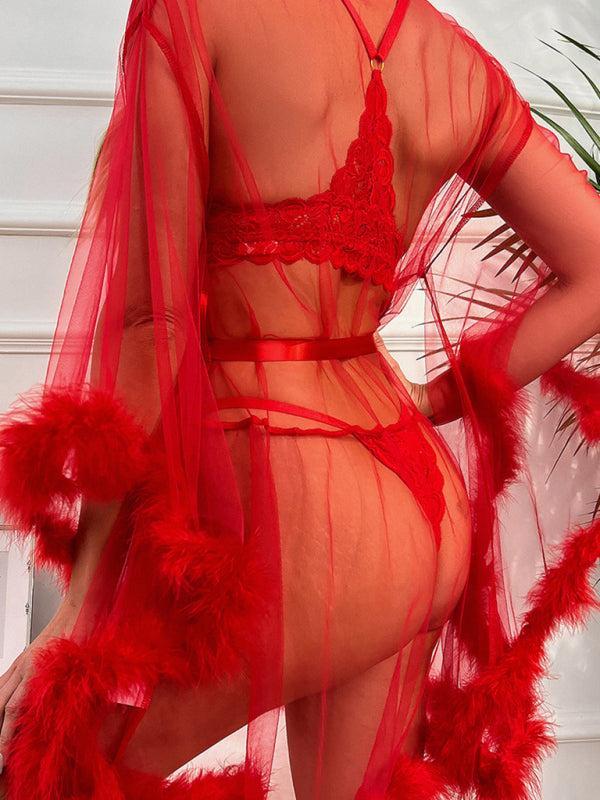Women's Sexy See Through Mesh Feather Trim Lingerie Gown