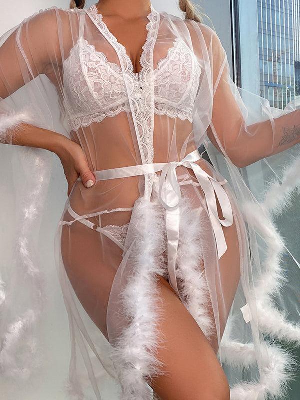 Women's Sexy See Through Mesh Feather Trim Lingerie Gown