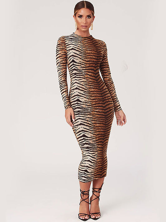 Women's Sexy Tiger Stripe Print Long Sleeve Dress