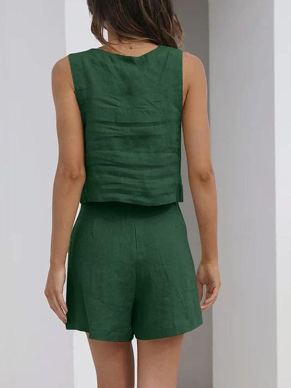 Women's Shorts, Solid Colour Casual Cotton Linen Sleeveless Square Neck Top And Shorts Two-Piece Set