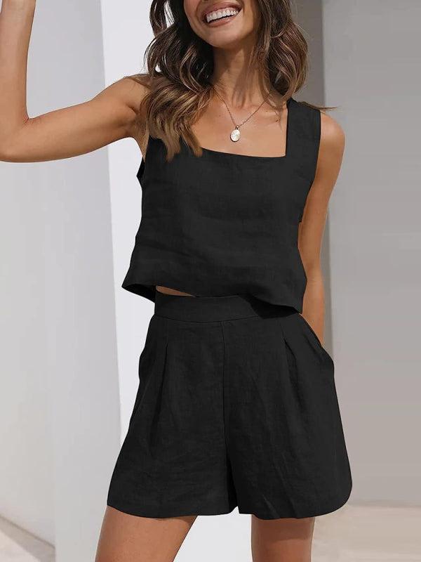 Women's Shorts, Solid Colour Casual Cotton Linen Sleeveless Square Neck Top And Shorts Two-Piece Set