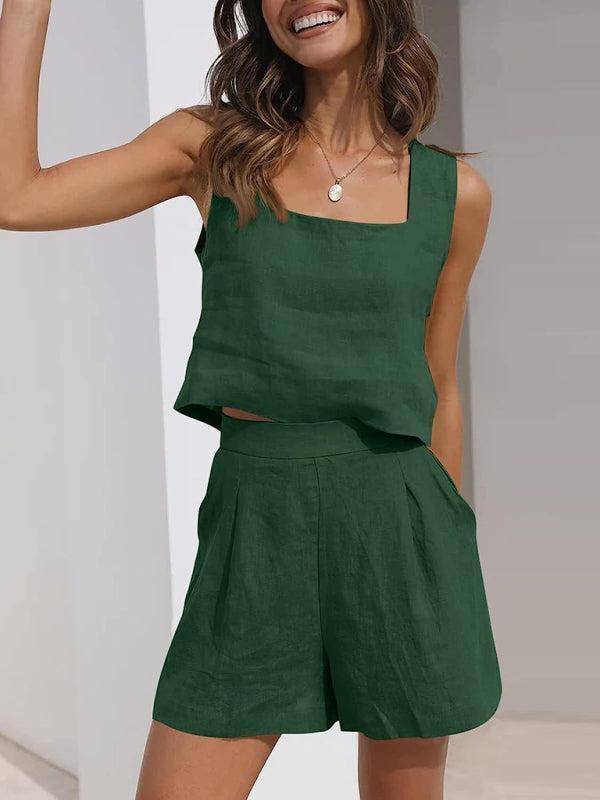 Women's Shorts, Solid Colour Casual Cotton Linen Sleeveless Square Neck Top And Shorts Two-Piece Set