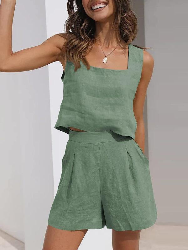Women's Shorts, Solid Colour Casual Cotton Linen Sleeveless Square Neck Top And Shorts Two-Piece Set