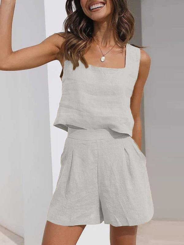 Women's Shorts, Solid Colour Casual Cotton Linen Sleeveless Square Neck Top And Shorts Two-Piece Set