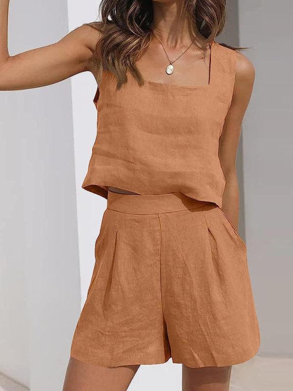 Women's Shorts, Solid Colour Casual Cotton Linen Sleeveless Square Neck Top And Shorts Two-Piece Set