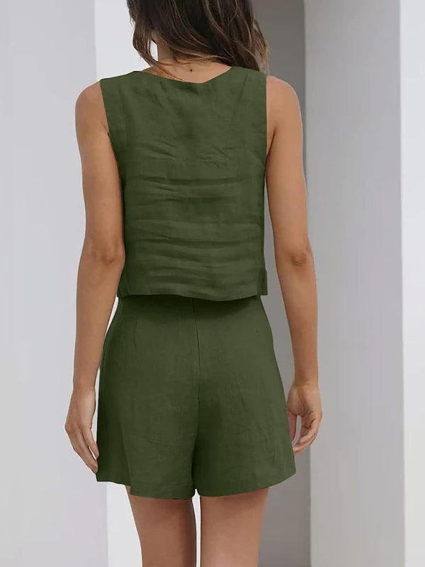 Women's Shorts, Solid Colour Casual Cotton Linen Sleeveless Square Neck Top And Shorts Two-Piece Set