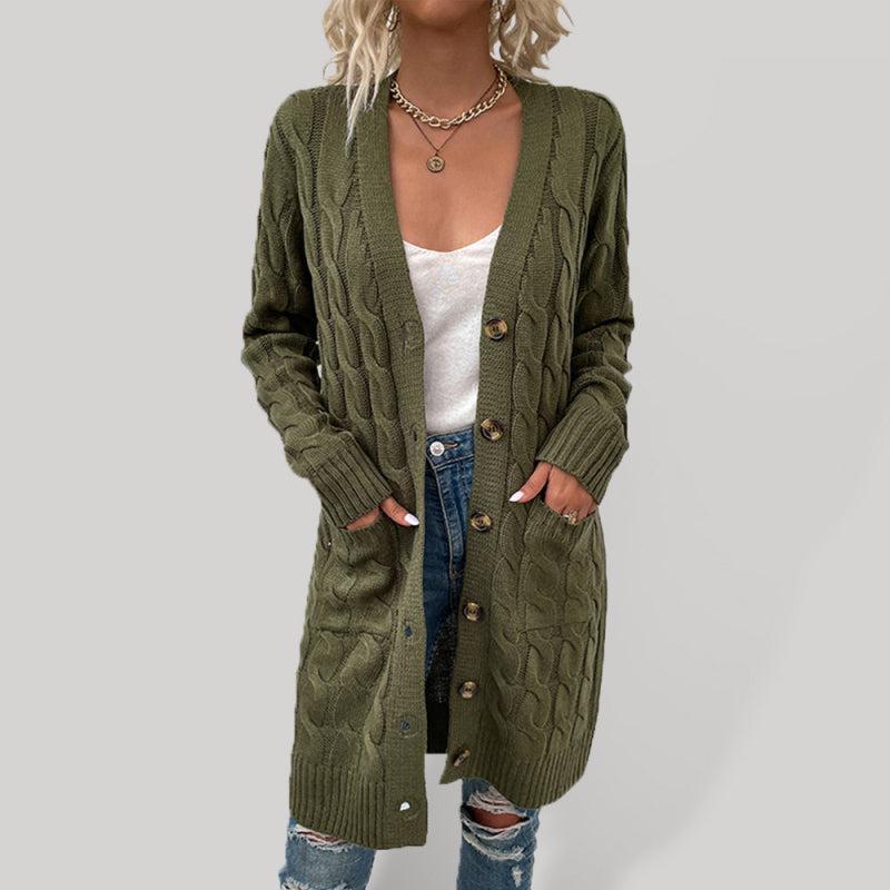Women's Solid Colour Chunky Cable Knit Longline Button Front Cardigan
