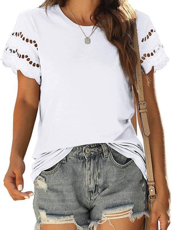 Women's Solid Colour Embroidered Cut Out Sleeve Detail Top