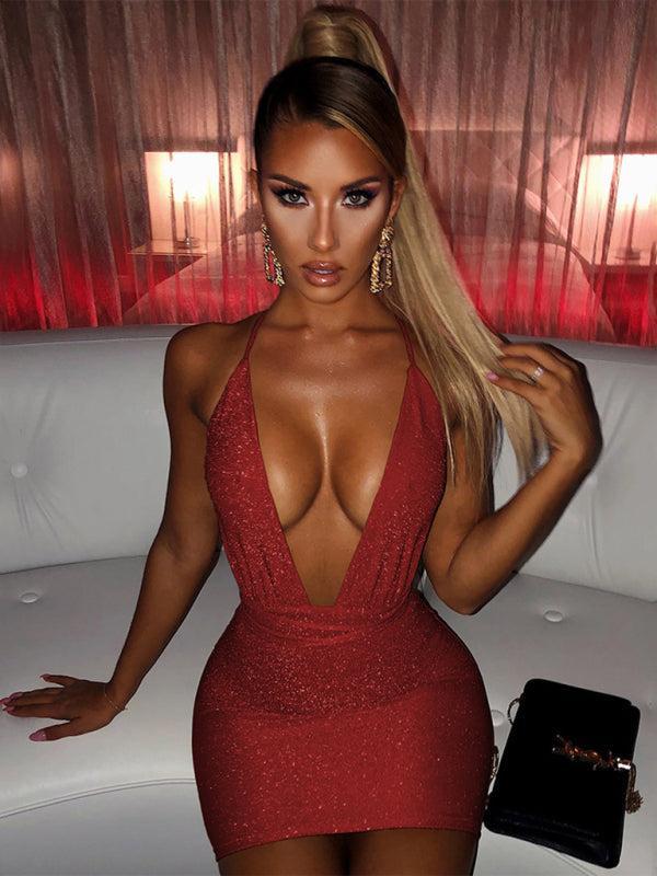 Women’s Sparkly Backless Mini Dress With Deep Front Plunge