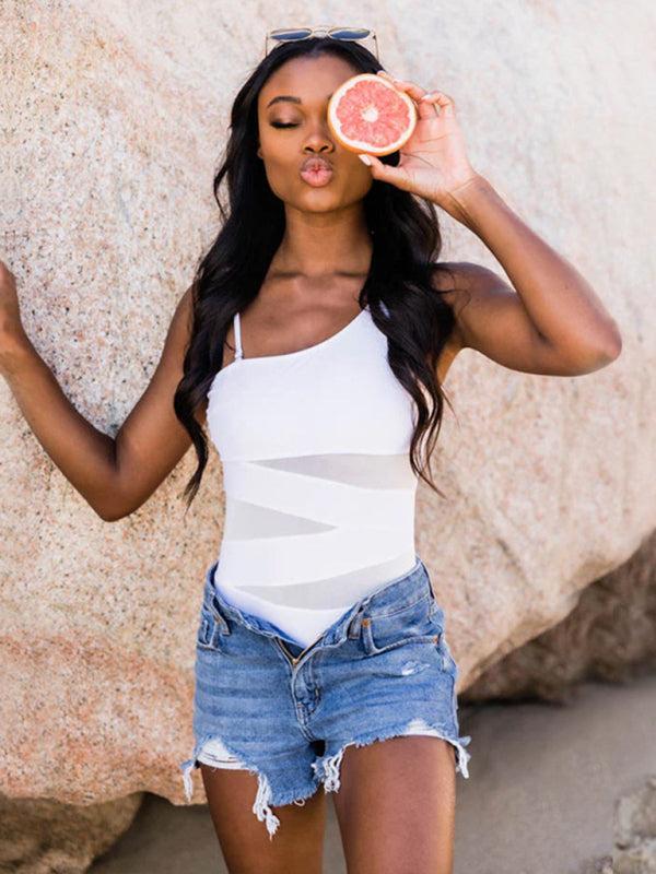 Women's Splicing Gauze Swimsuit With Oblique Shoulder Design