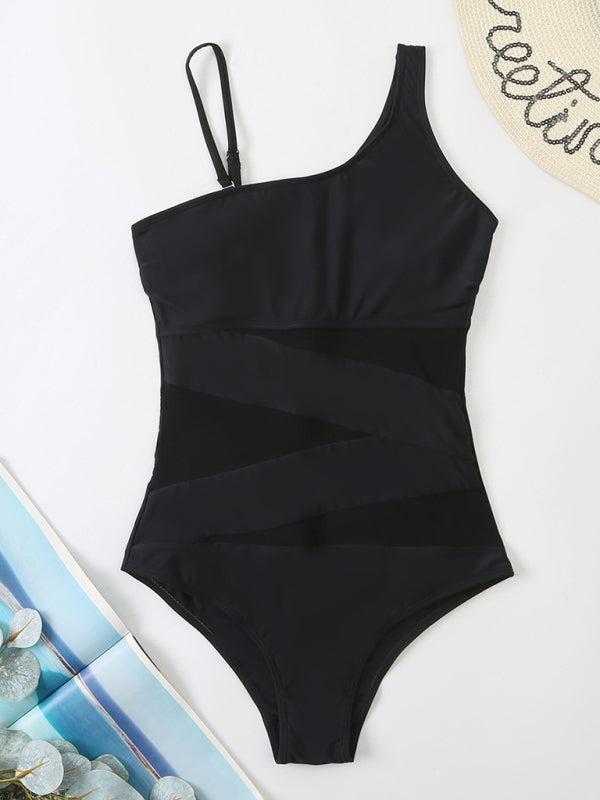 Women's Splicing Gauze Swimsuit With Oblique Shoulder Design