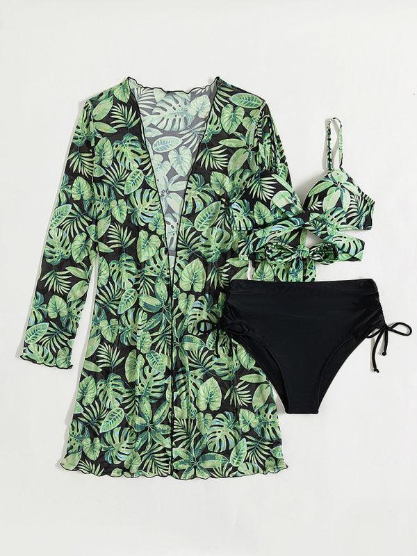 Women's Stylish Tropical Print Three Piece Bikini Set