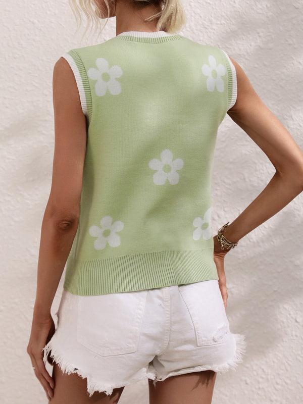 Women's Subtle Flower Print V-Neck Knit Tank Top