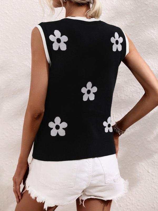 Women's Subtle Flower Print V-Neck Knit Tank Top
