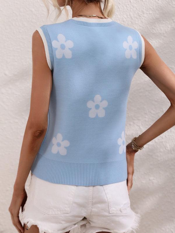 Women's Subtle Flower Print V-Neck Knit Tank Top