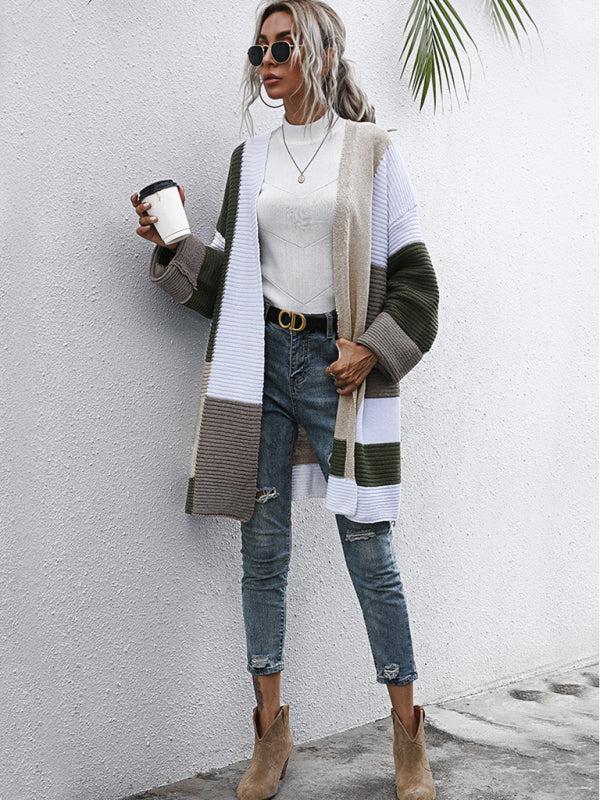 Women's Thick Open Front Ribbed Colour Panel Cardigan