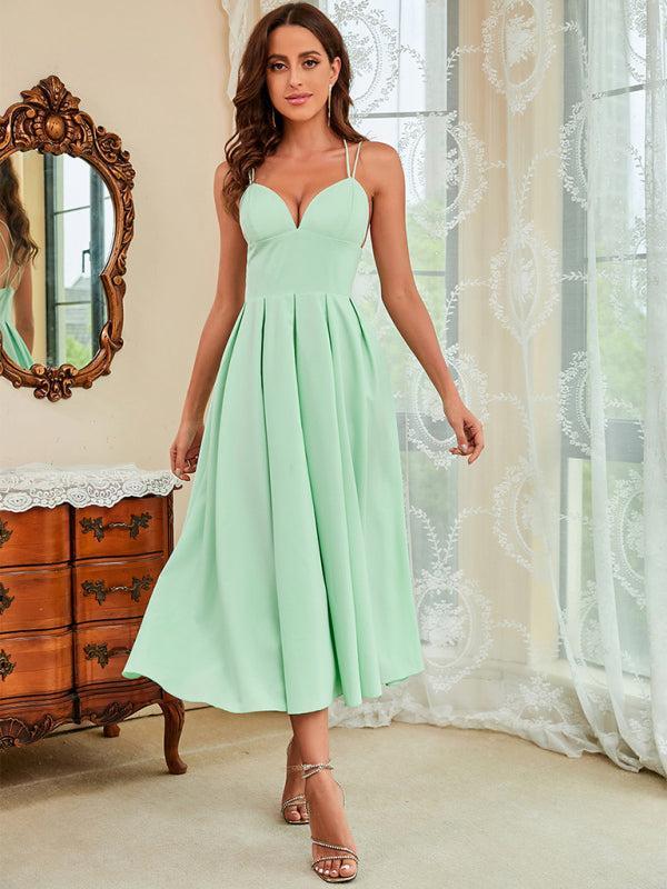 Womens Thin Straps Sweet Heart Plunge Swing Dress