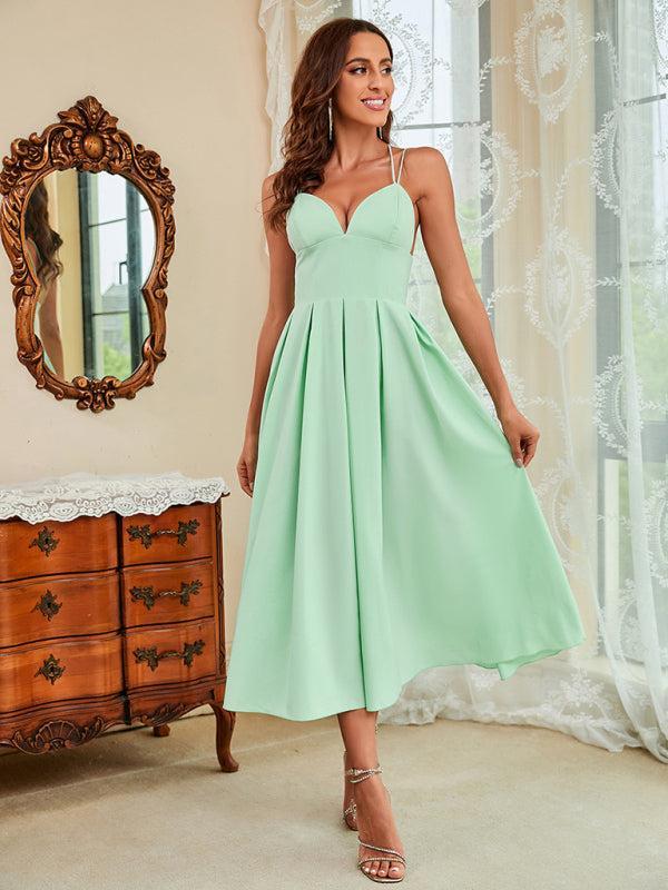 Womens Thin Straps Sweet Heart Plunge Swing Dress
