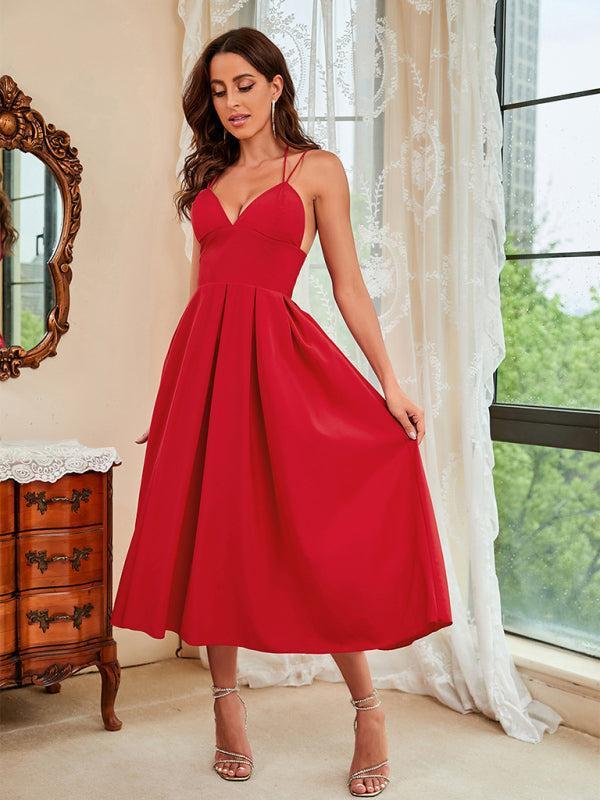 Womens Thin Straps Sweet Heart Plunge Swing Dress