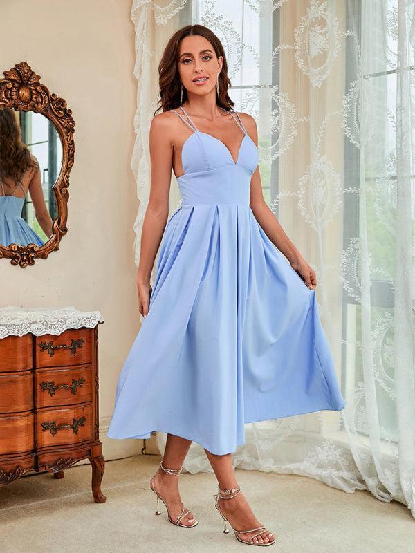 Womens Thin Straps Sweet Heart Plunge Swing Dress